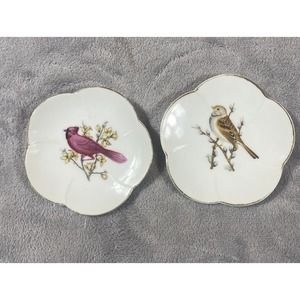 2 Vintage Scalloped Plates Birds Gold Rims Hand Painted In Japan Trinket‎ Dishes